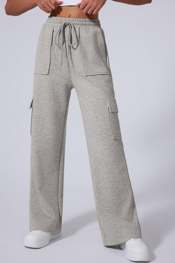 Pantalon femme poches, taille haute, jambe large — gris clair