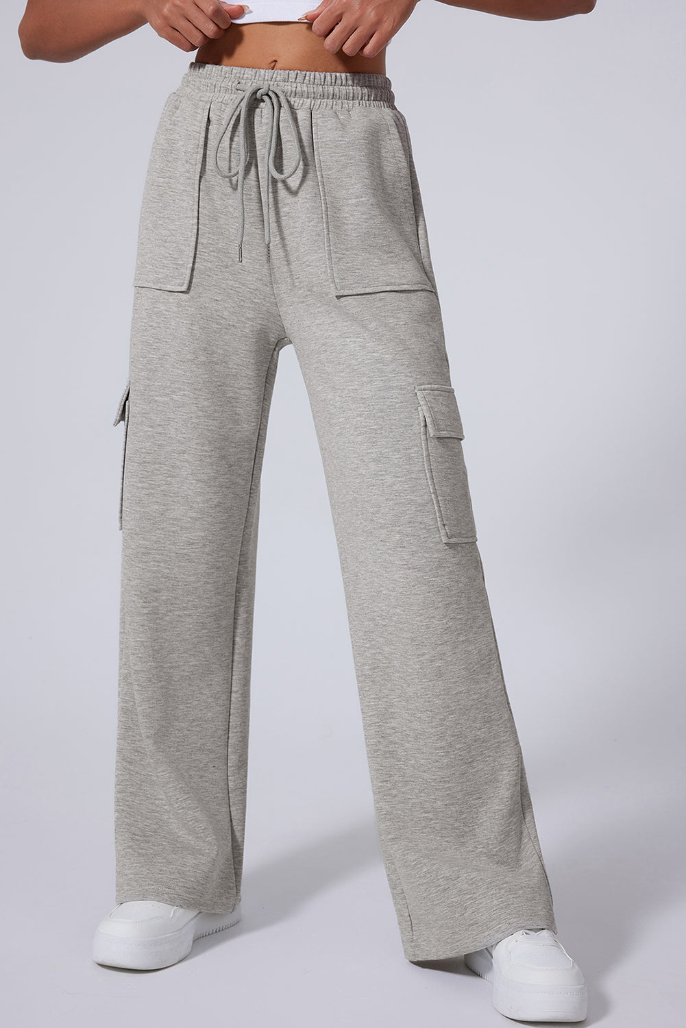 Pantalon femme poches, taille haute, jambe large — gris clair