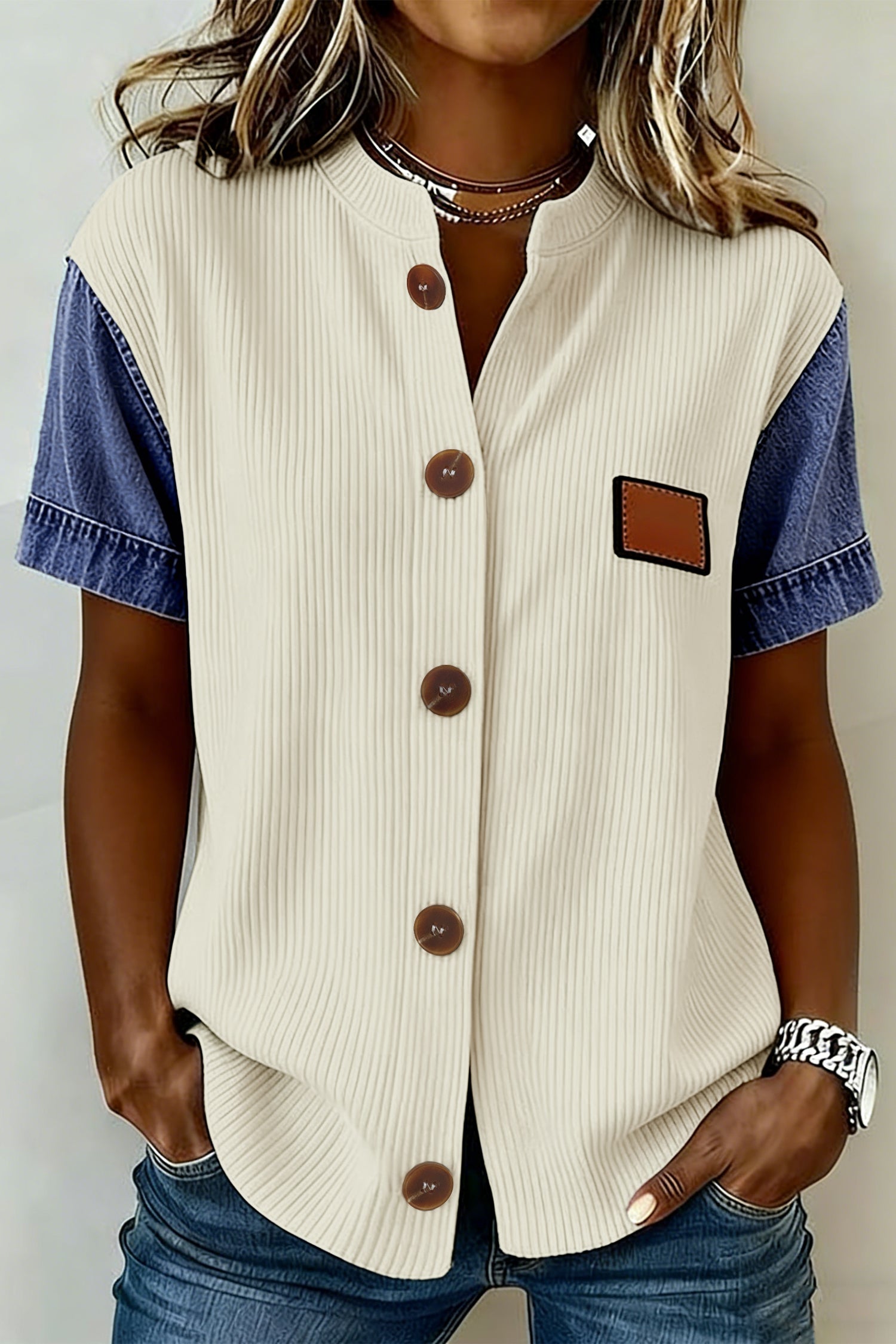 Chemise femme patchwork, manches courtes, denim, côtelé — beige