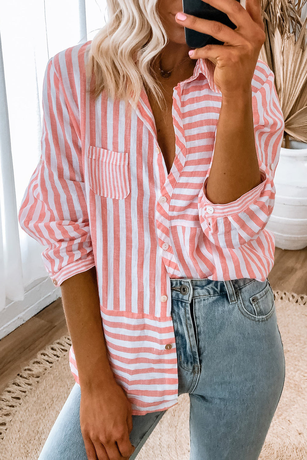 Chemise femme rayé, boutonnée, manches longues, casual — rose