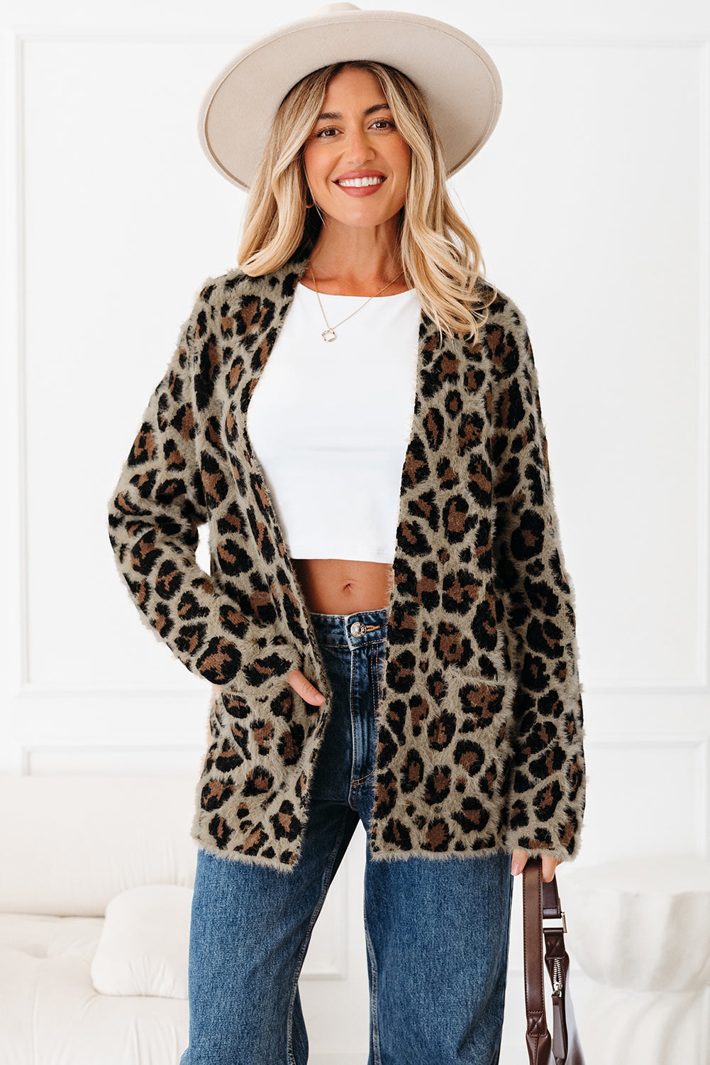 Brown Leopard Open Casual Cardigan femme