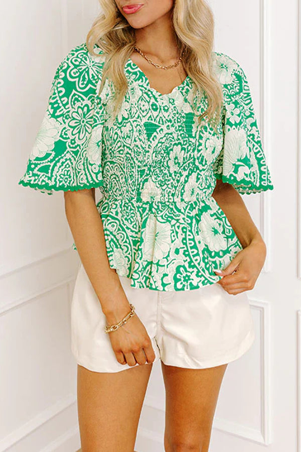 Blouse femme floral, smocké, col V — vert