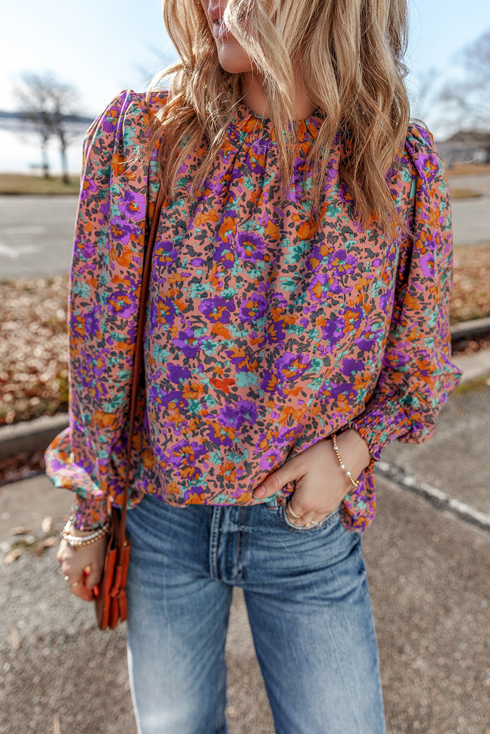 Blouse femme floral, smocké — violet