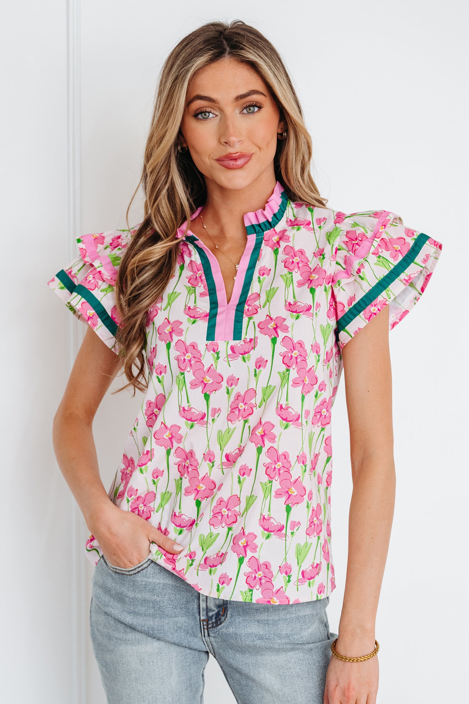 Blouse femme floral, à volants, manches courtes, col V, bordure contrastée — rose-P1020