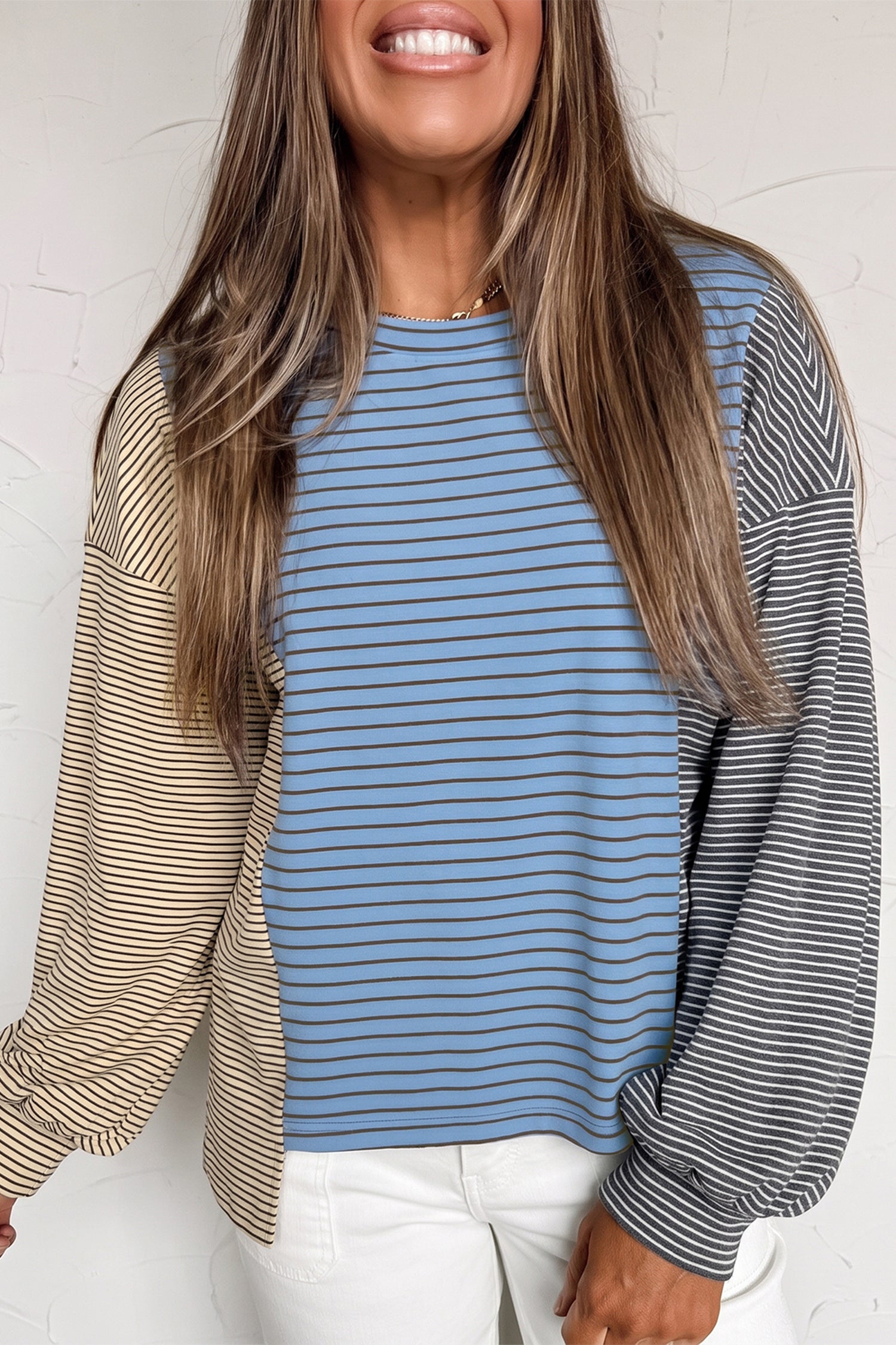 Pull femme rayé, manches longues, col rond, casual, colorblock — bleu ciel