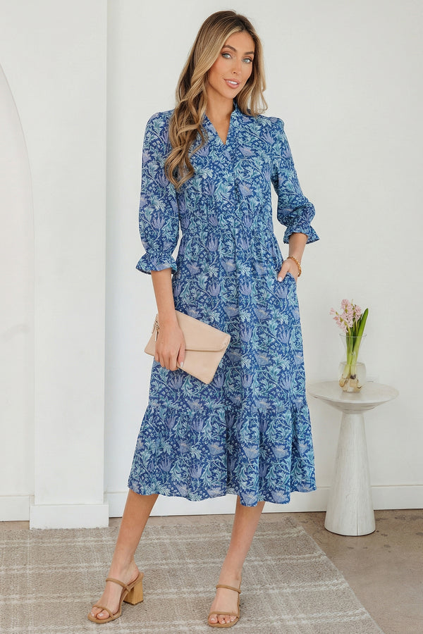 Robe femme floral, manches bracelet, col V — bleu ciel