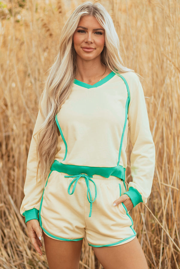 Ensemble femme à cordon, manches longues, bordure contrastée, colorblock — blanc