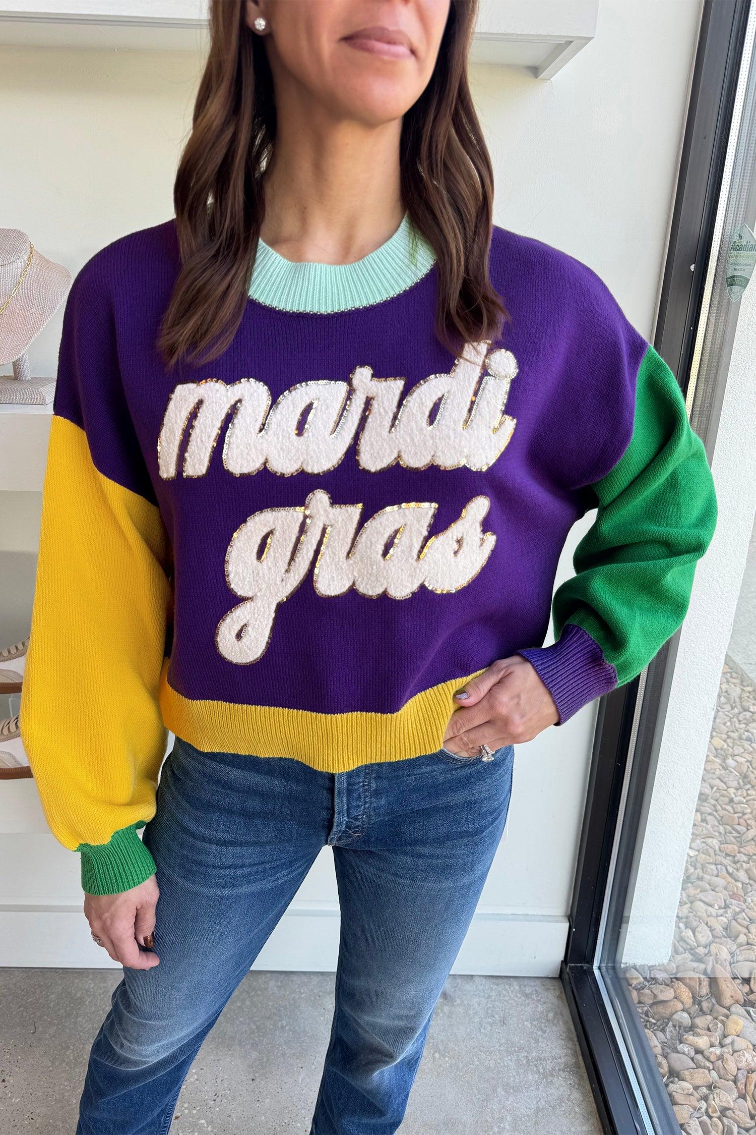 Pull femme graphique, patchwork, colorblock — violet
