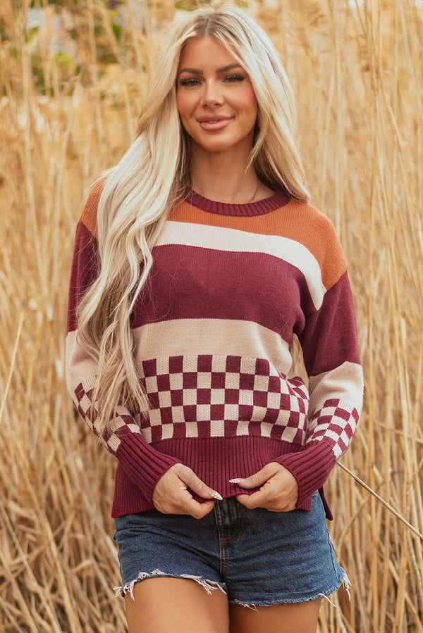 Pull femme à carreaux, en maille, épaules tombantes, colorblock — marron