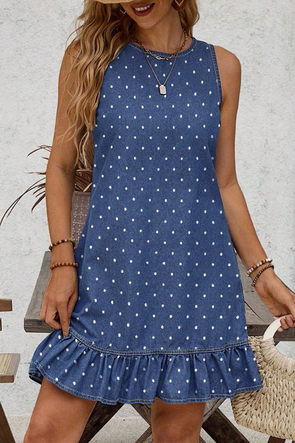 Robe courte femme pois, à volants, sans manches, denim — bleu