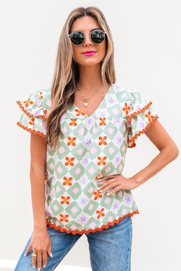Blouse femme floral, col V — vert