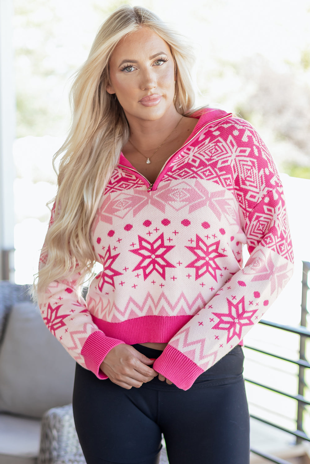 Pull femme Noël, zip — rouge rose