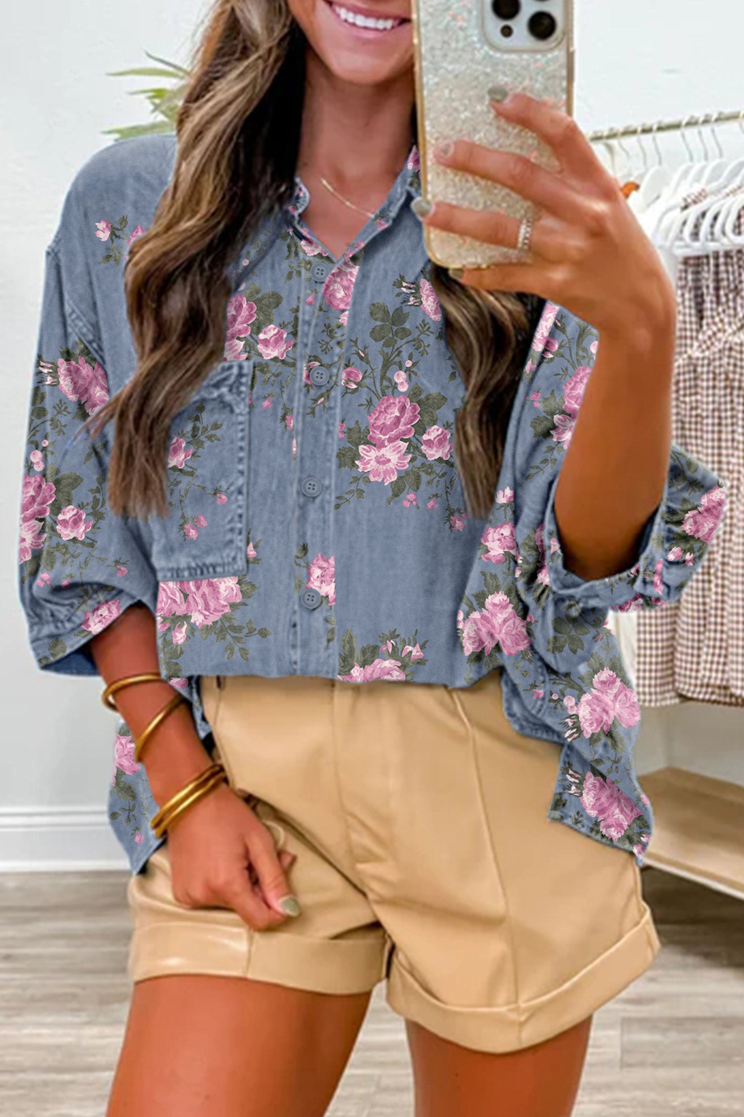 Chemise femme floral, manches bracelet, denim — bleu