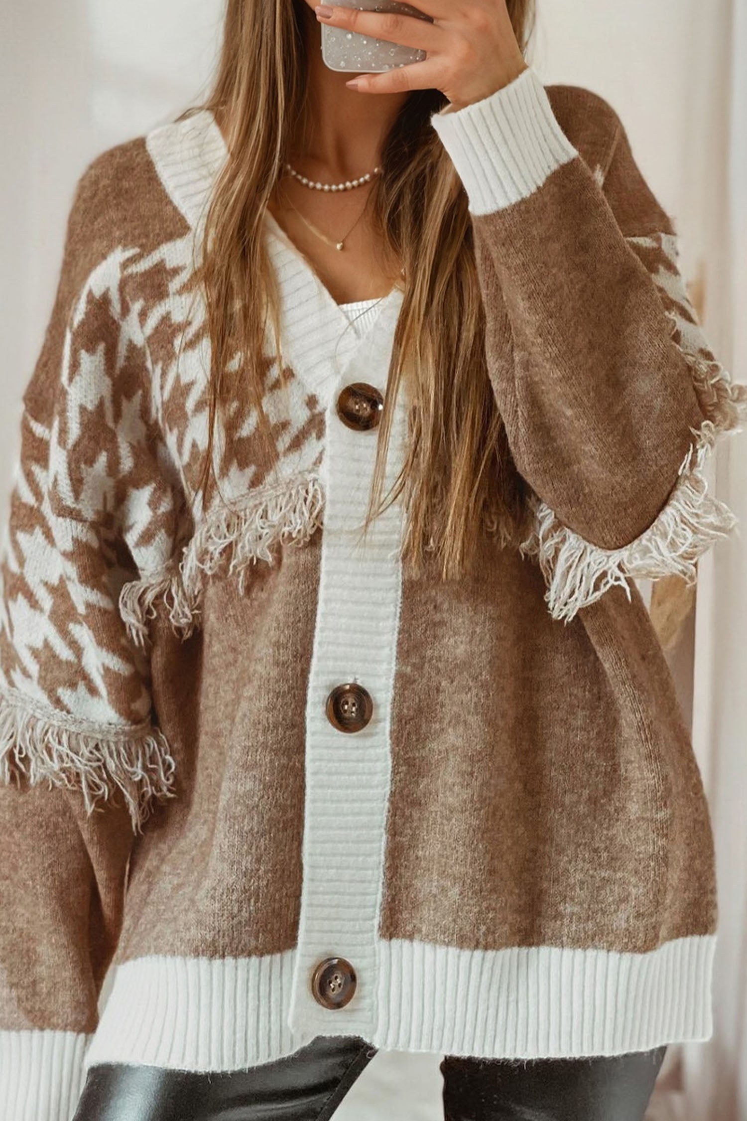 Cardigan femme boutonnée, col V, colorblock — kaki