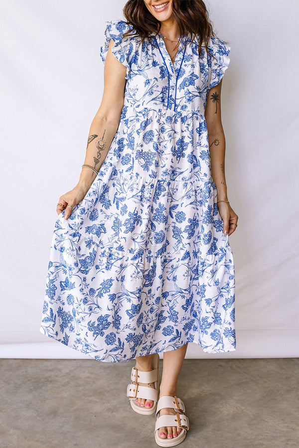Robe midi femme floral, à volants, à étages, manches courtes, midi — bleu