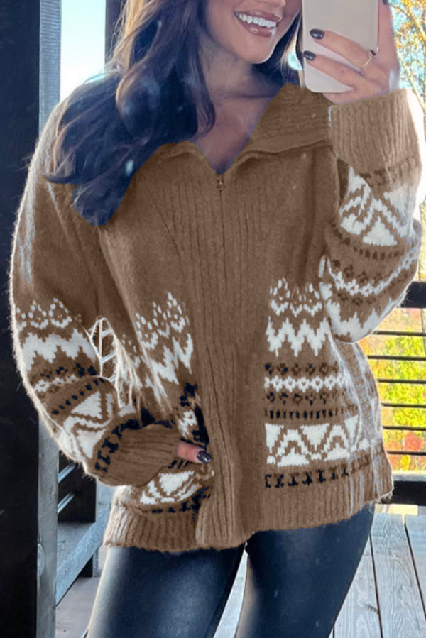 Brown Western Printed Ribbed Trim Collared Zip Up Cardigan femme