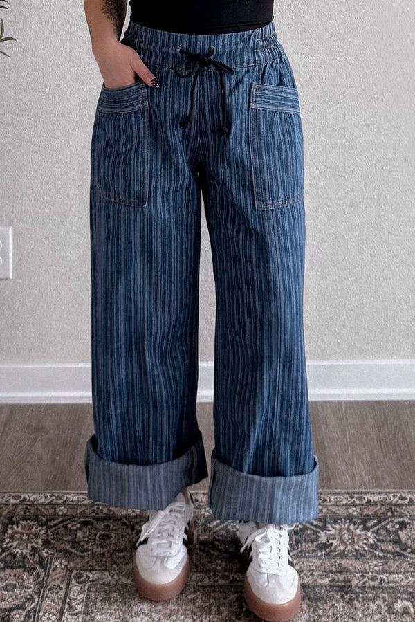 Jean femme rayé, à cordon, poches, ample — bleu