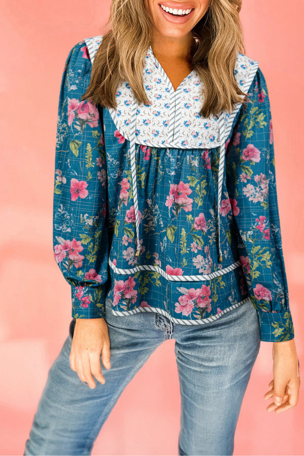 Blouse femme floral, rayé, patchwork, manches bouffantes — bleu ciel