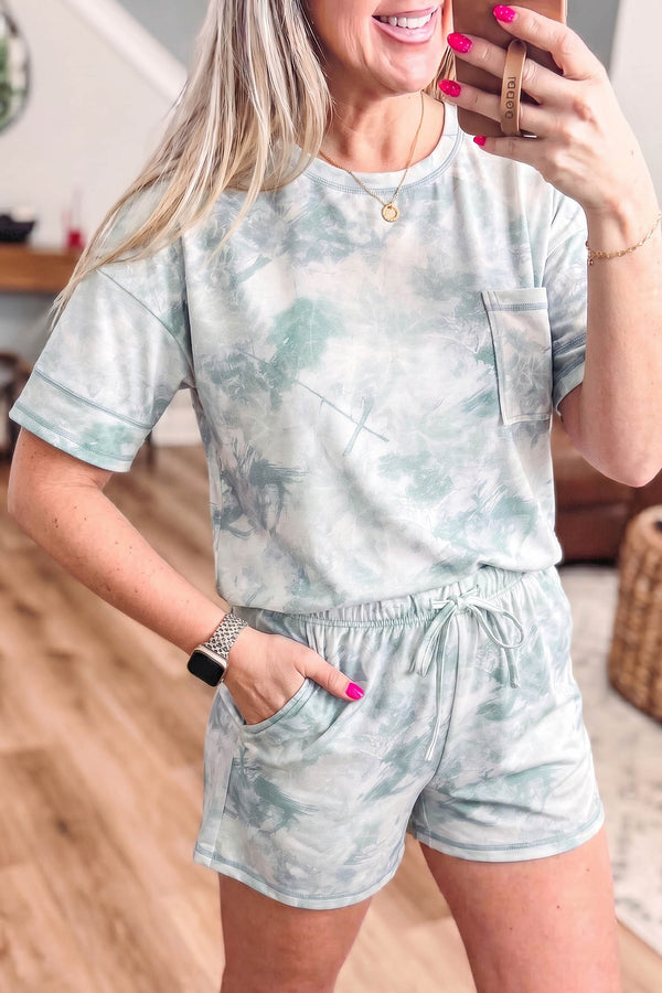 Ensemble femme camouflage, manches courtes, taille élastique, casual — vert