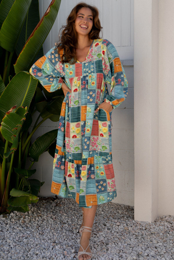 Robe femme floral, à carreaux, à volants, manches ballon — bleu ciel