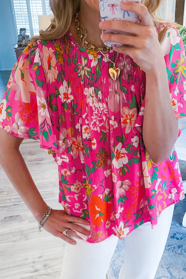 Blouse femme floral, smocké, manches courtes — rose