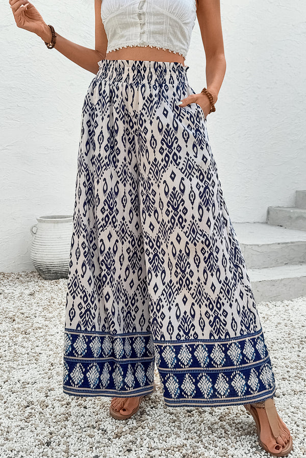 Pantalon femme taille haute, jambe large, ample — bleu