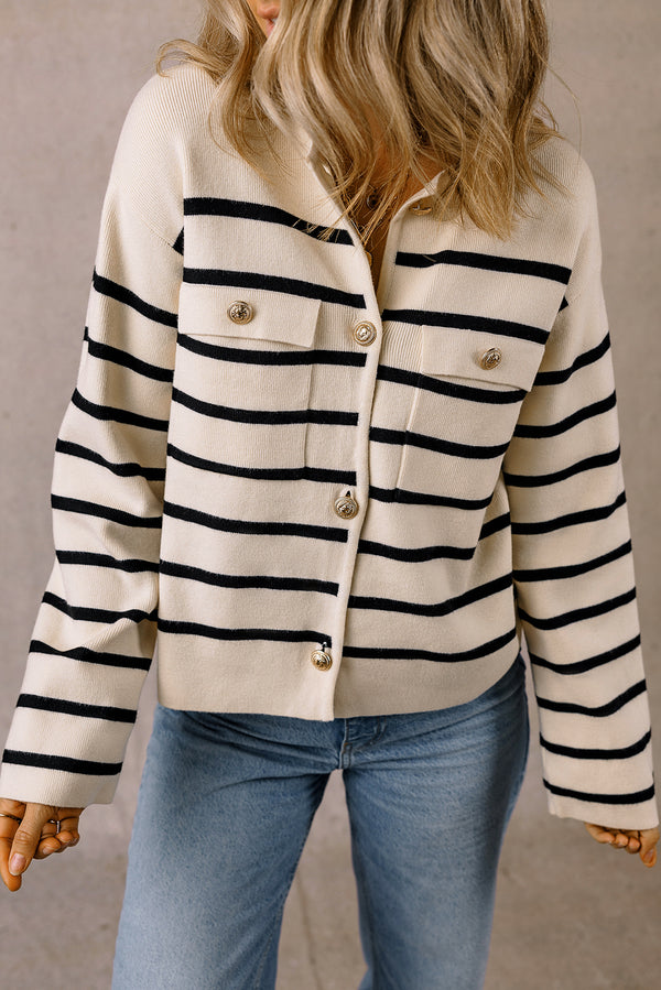 Black Stripe Flap Pocket Buttoned Cardigan Sweater femme