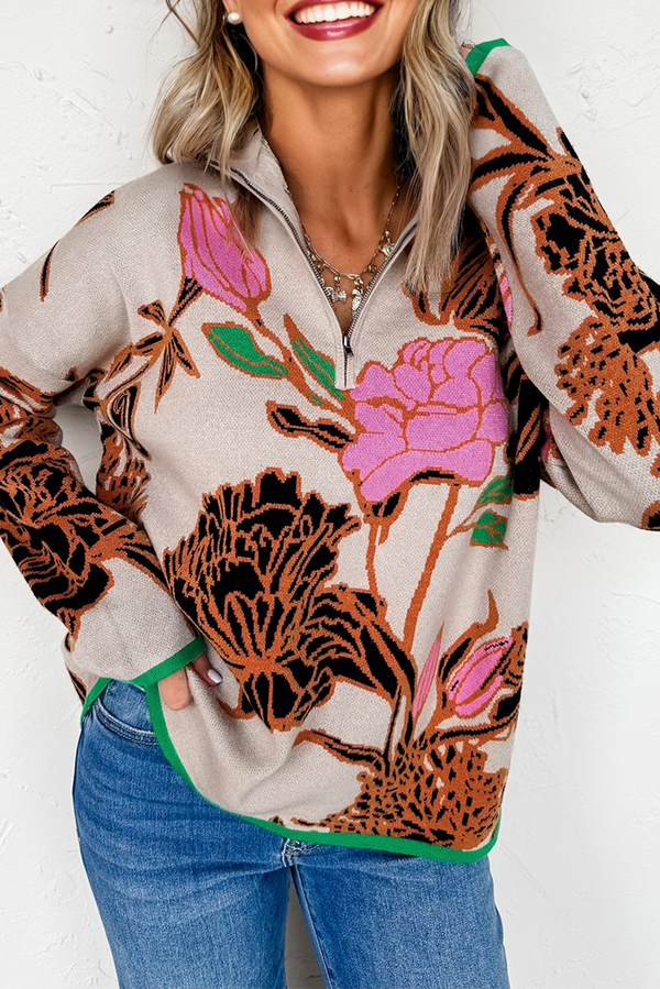 Pull femme floral, en maille, zip — kaki