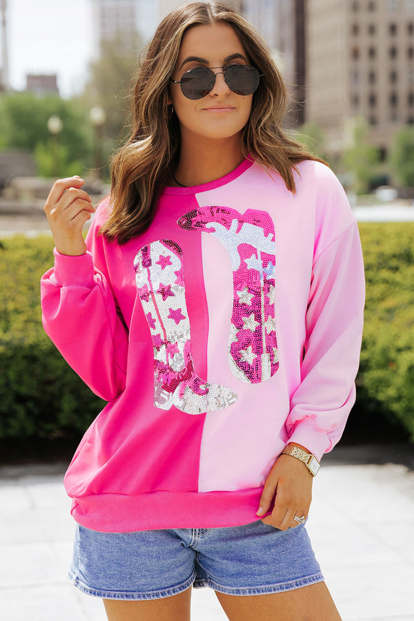Sweat femme graphique, paillettes, colorblock — rose