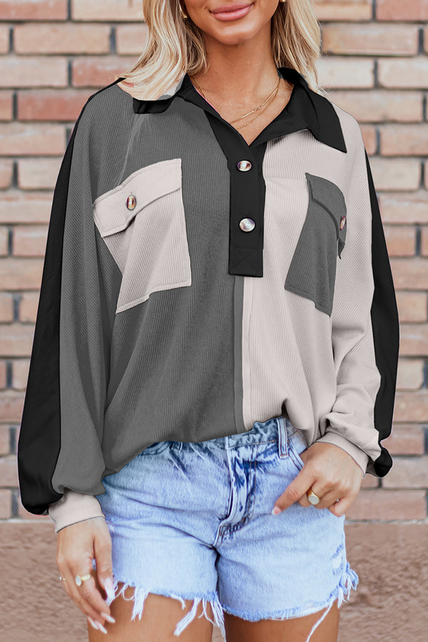 Sweat femme oversized, côtelé, colorblock — gris