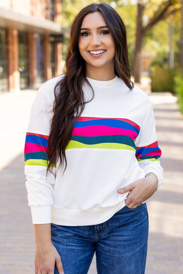 T-shirt femme rayé, manches longues — blanc
