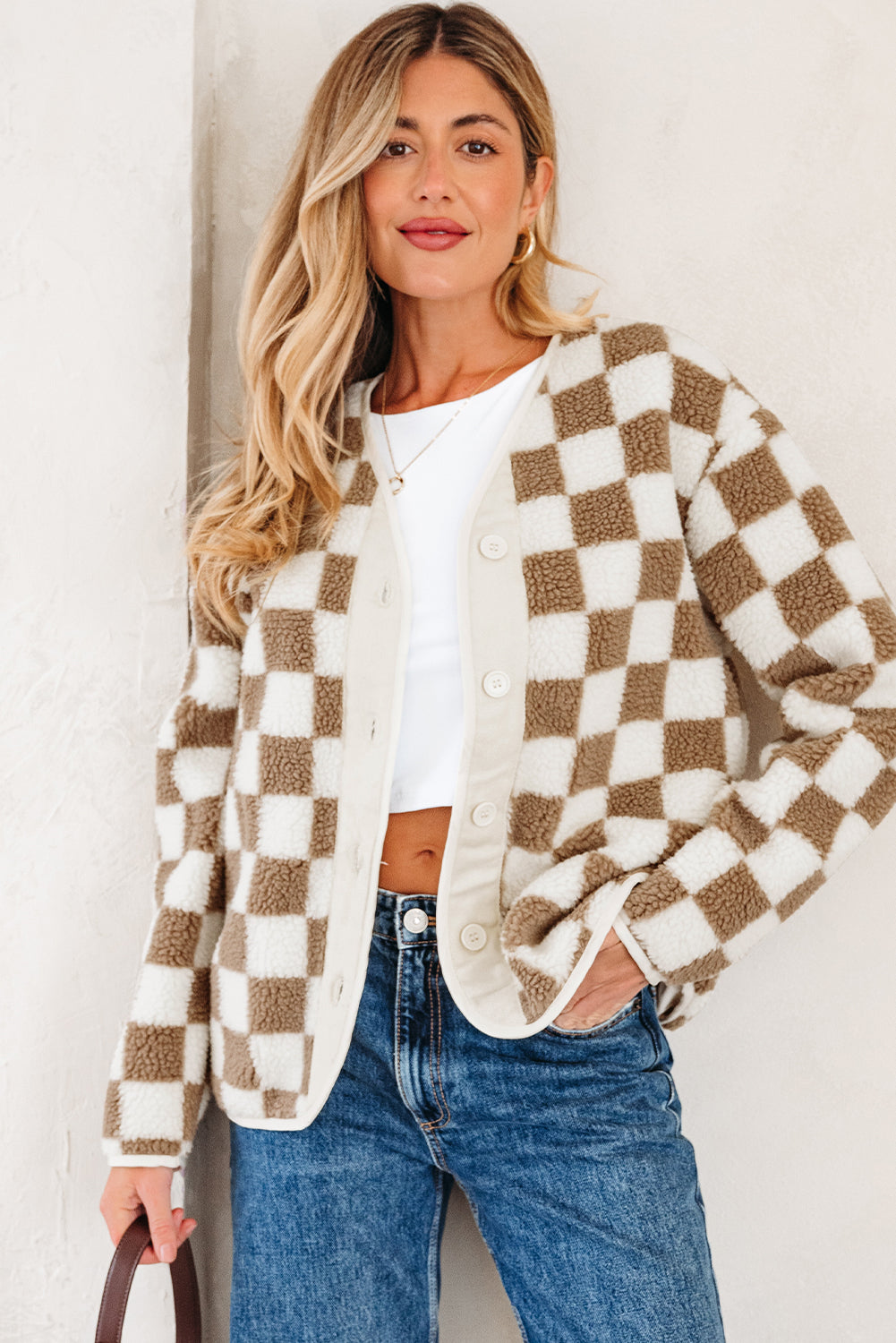 Veste femme à carreaux, boutonnée — marron
