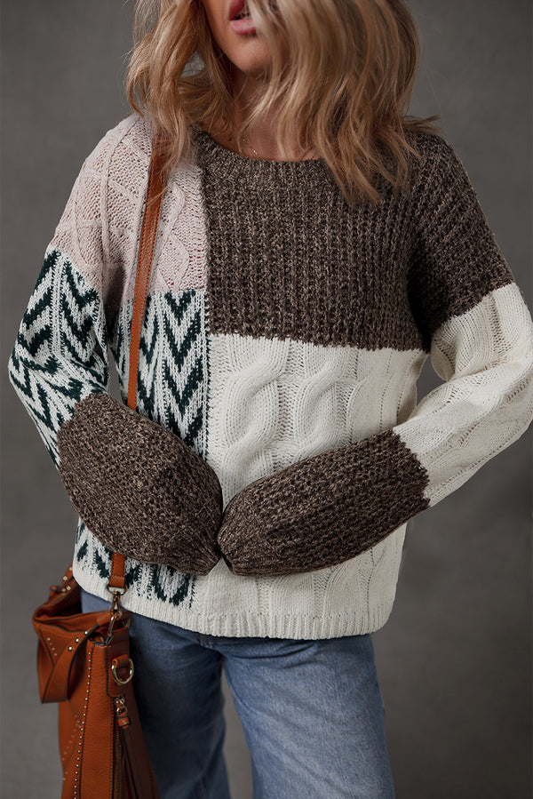 Pull femme patchwork, ample, colorblock — marron-P1722