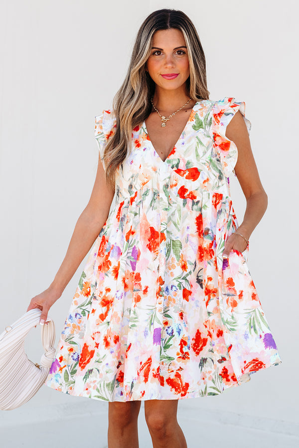 Robe courte femme floral, à volants, col V, taille haute — rose