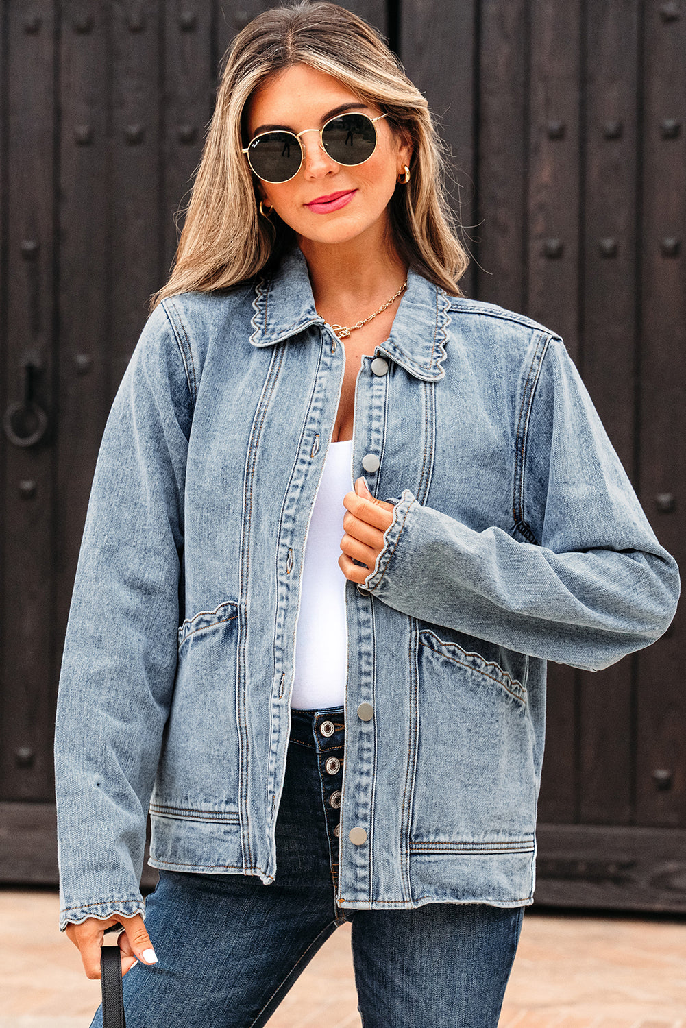 Veste femme boutonnée, poches, festonné, denim
