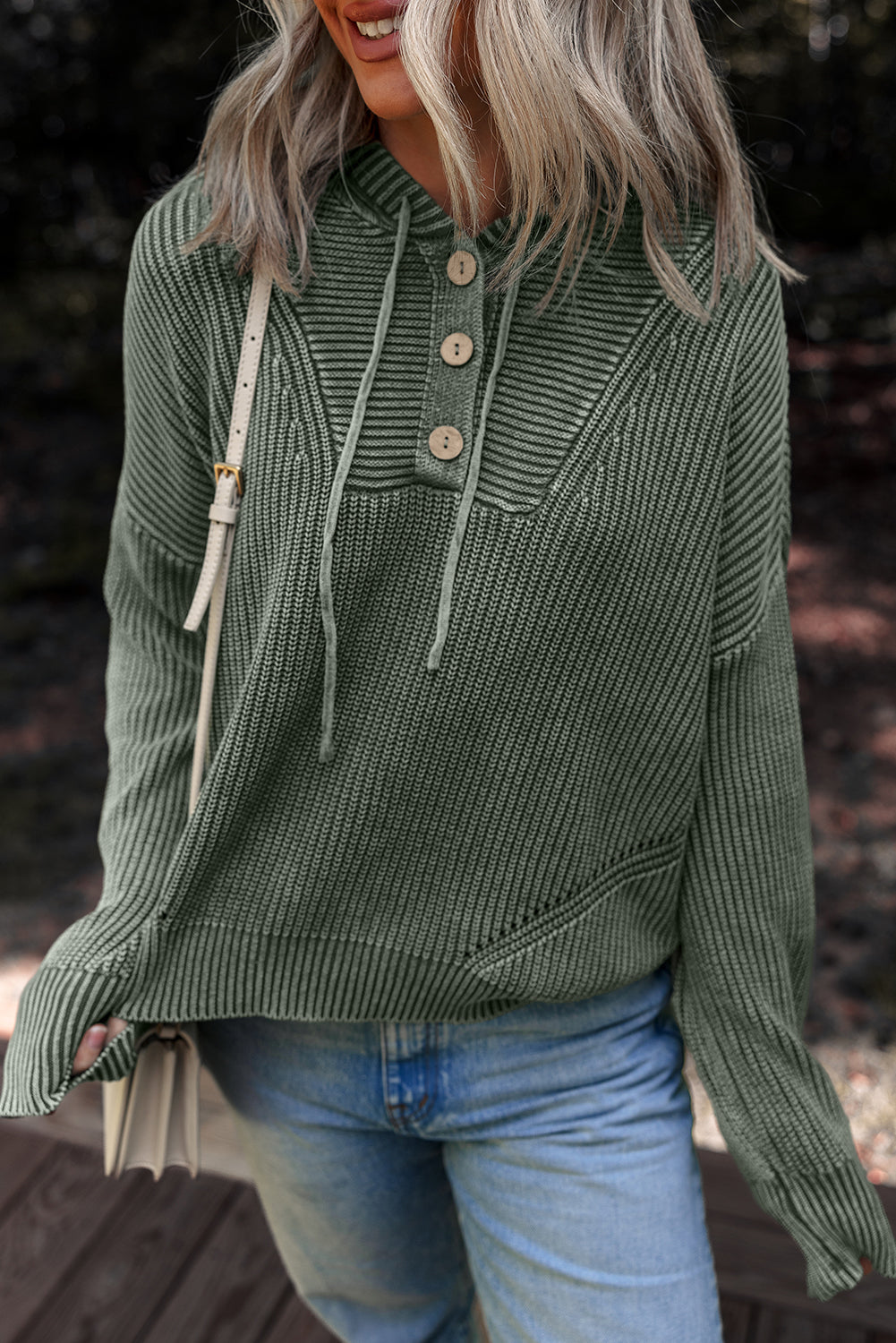 Pull femme en maille, à cordon, boutonnée, à capuche, côtelé — vert