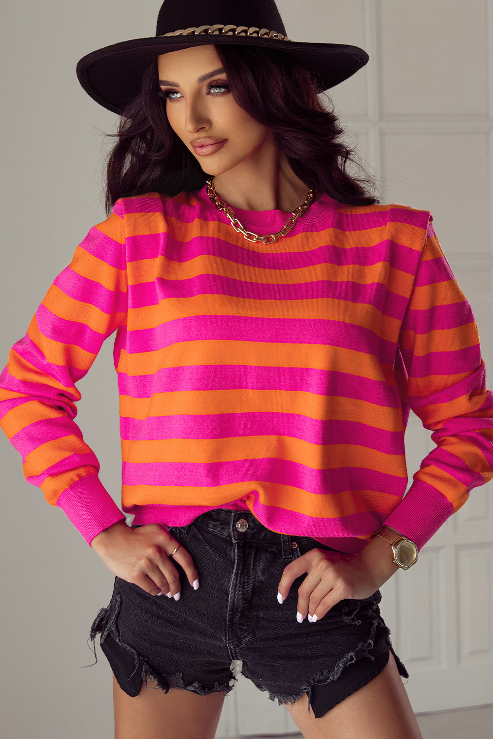 Pull femme rayé, col rond-P619