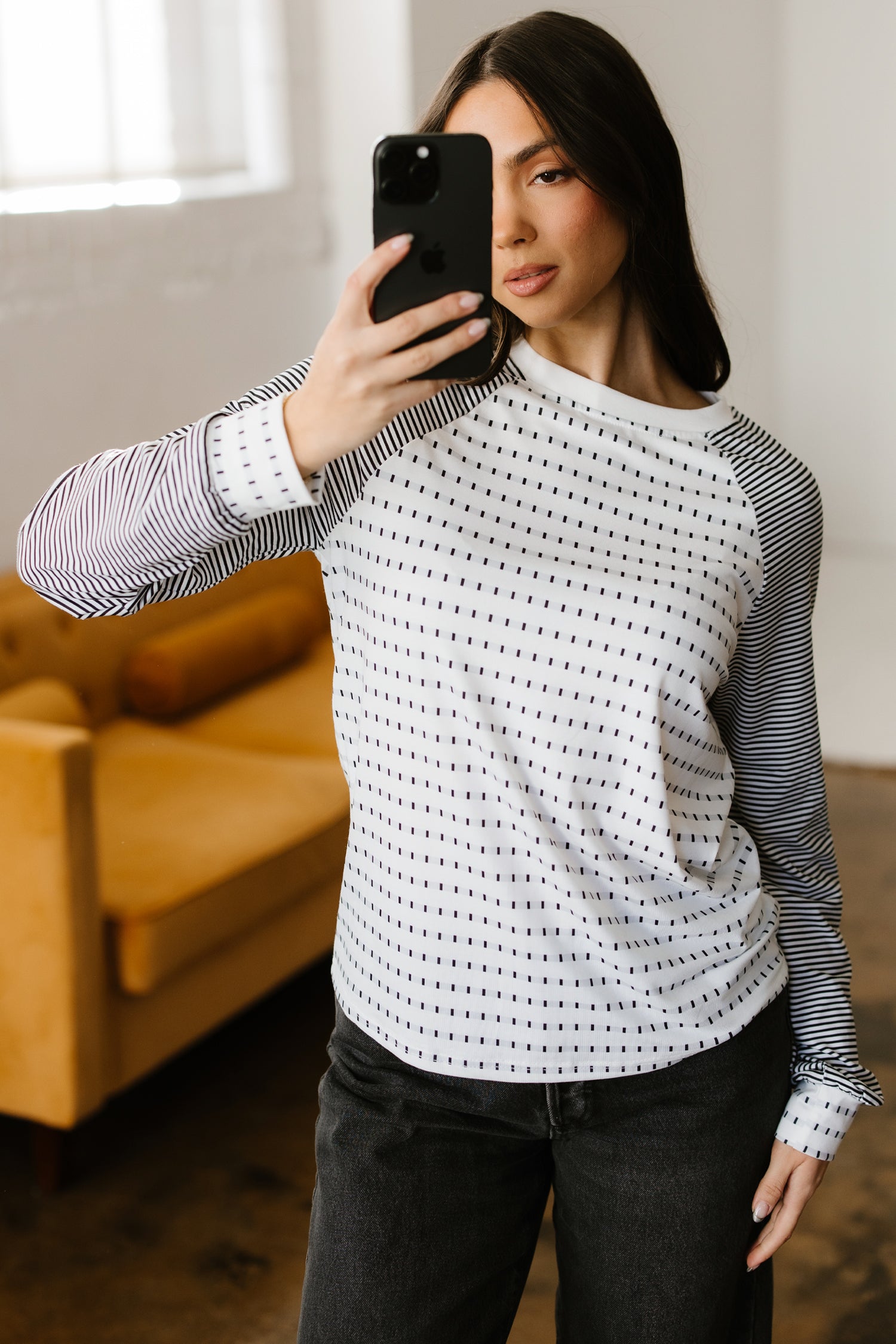 T-shirt femme rayé, patchwork, manches longues — noir