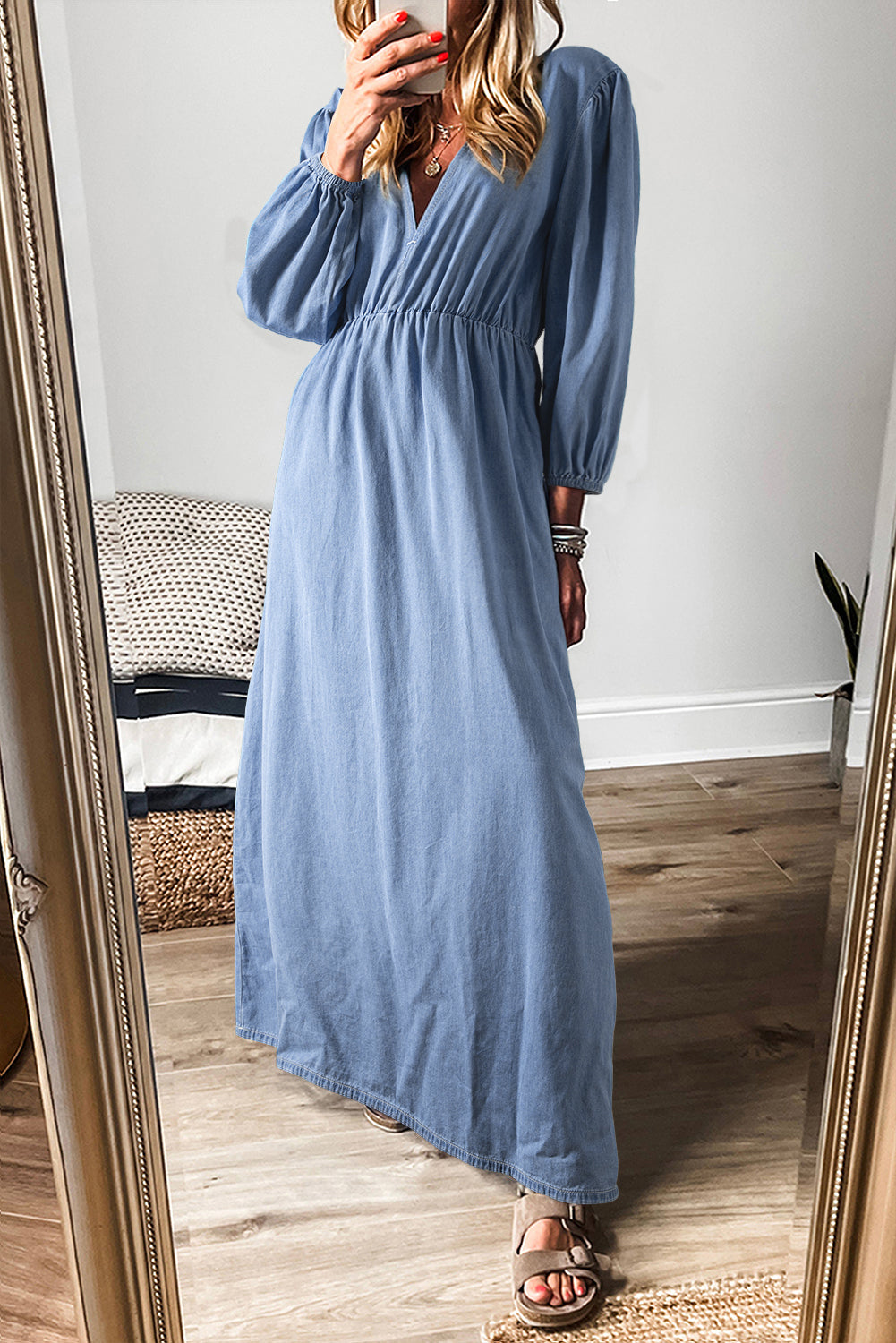 Robe longue femme manches bracelet, col V, maxi