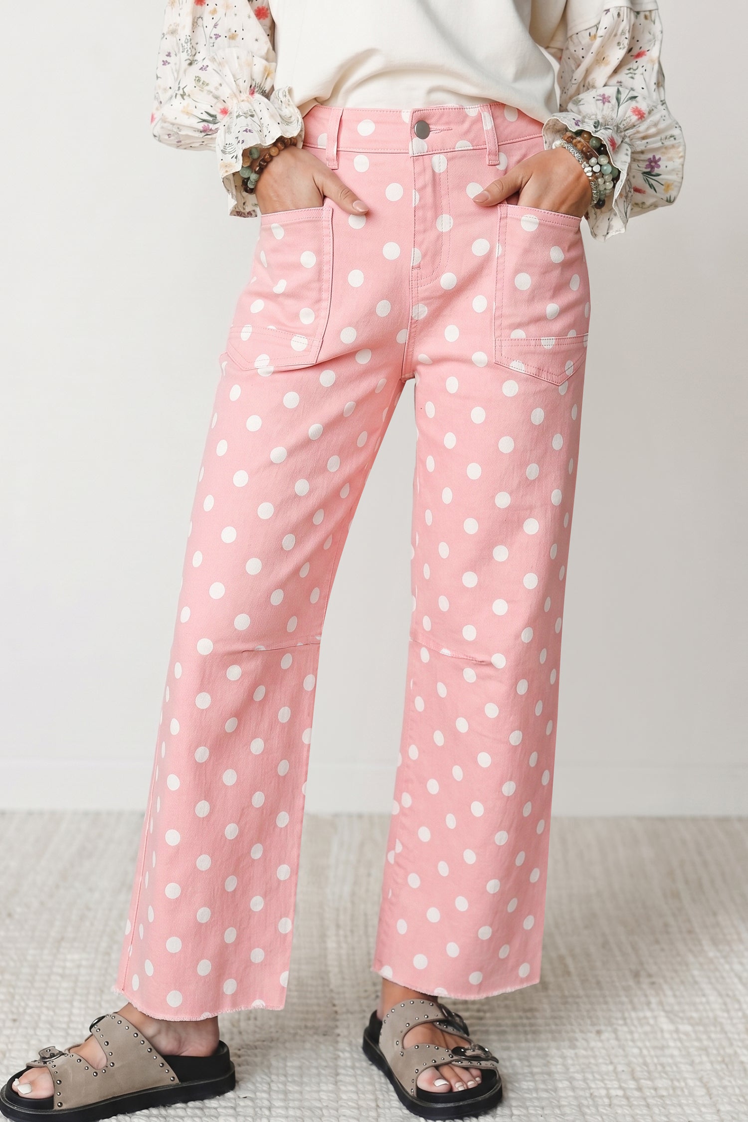 Jean femme pois, coupe slim, casual — rose
