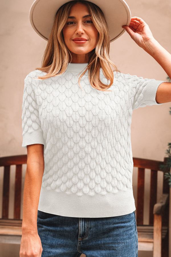 Pull femme en maille, manches courtes, col montant, côtelé — blanc