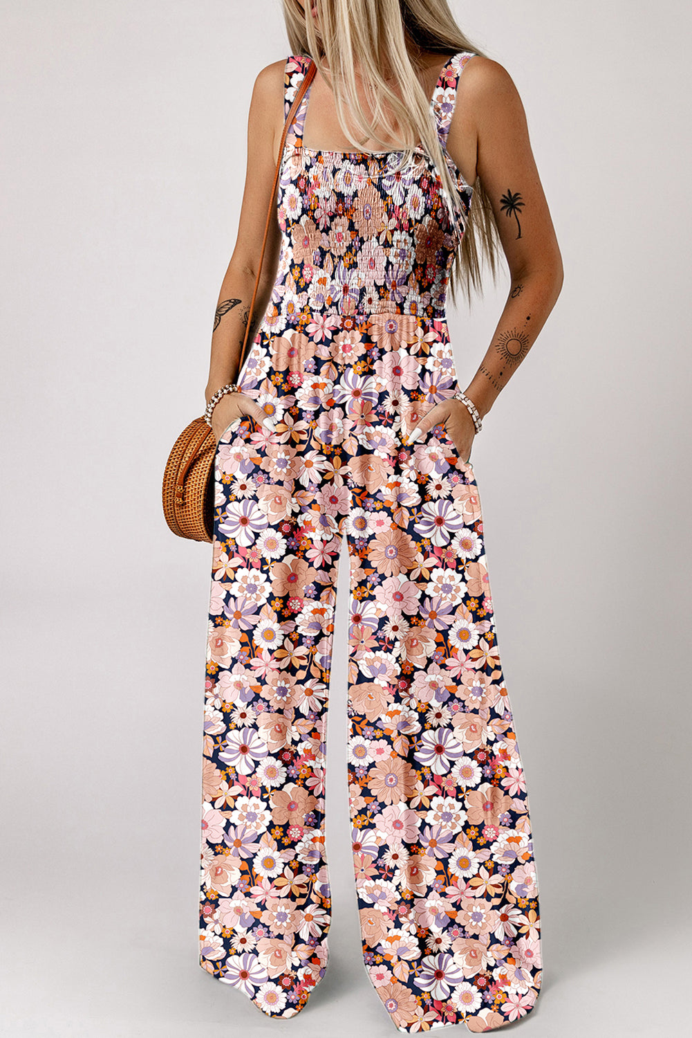 Combinaison femme floral, smocké, taille haute — noir