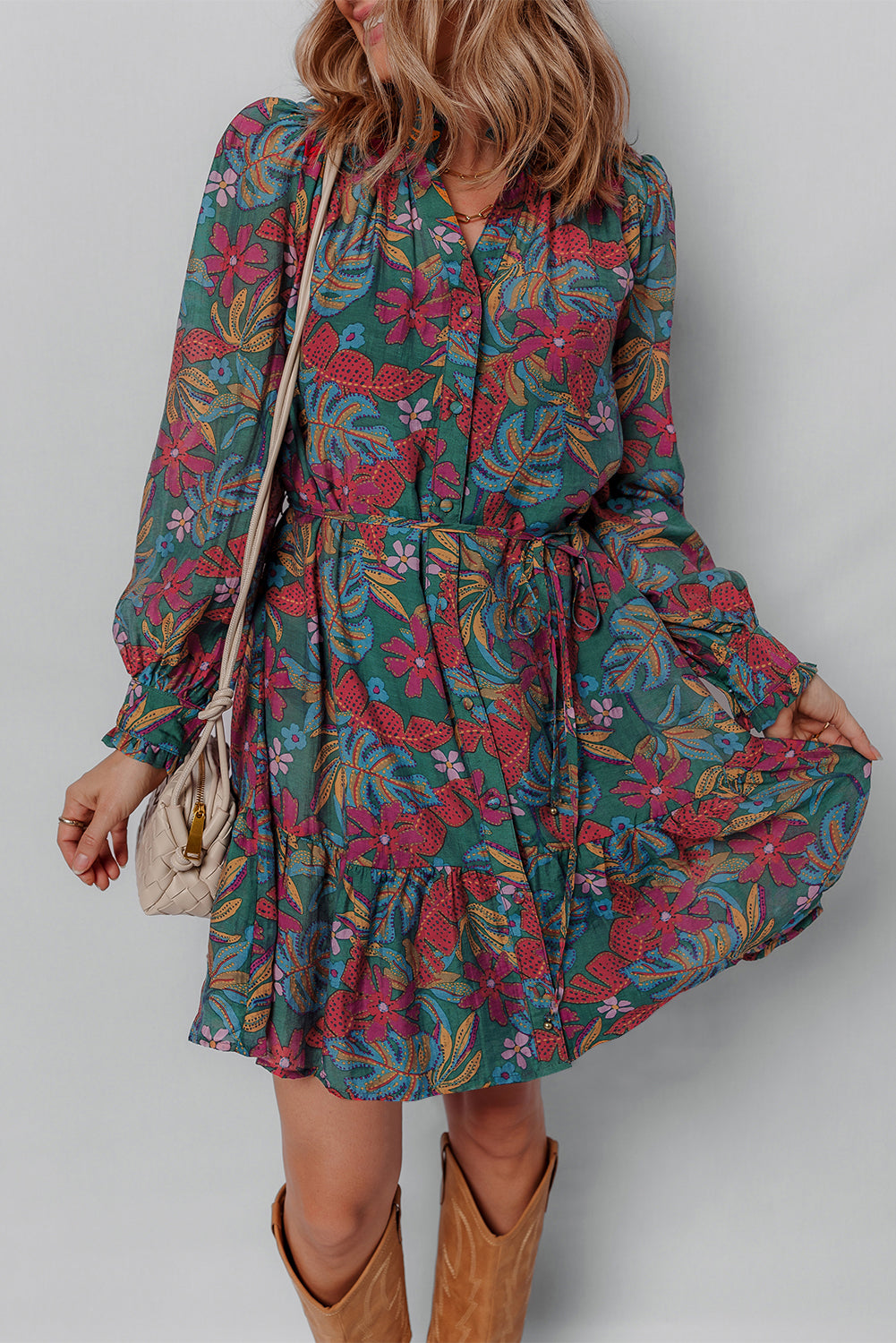 Robe femme floral, à volants, manches bouffantes, col V — vert