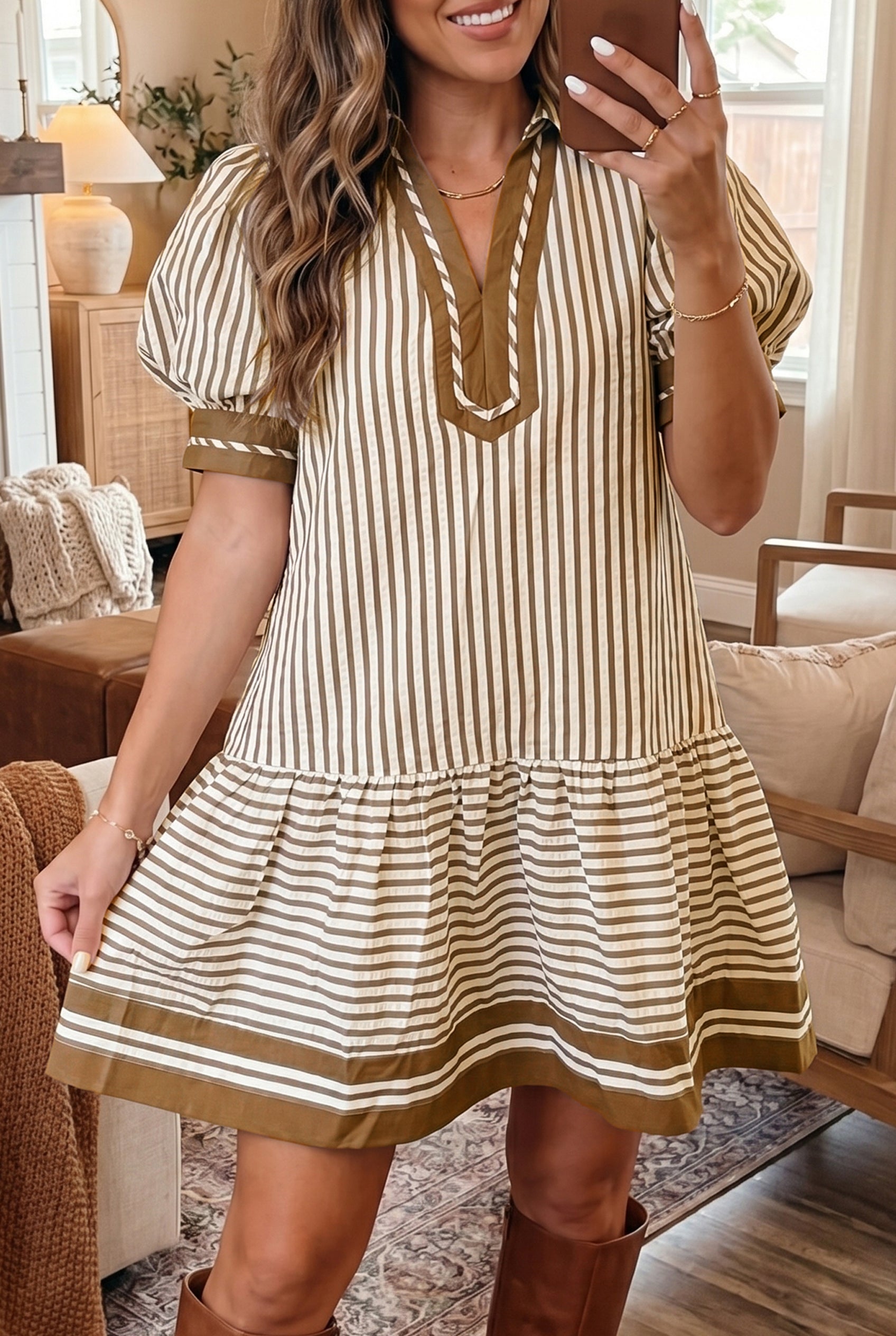 Robe femme rayé, patchwork, à volants, colorblock — marron