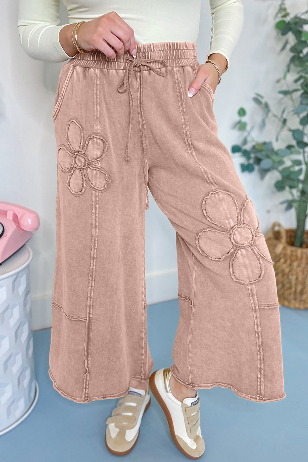 Pantalon femme en maille, jambe large, cropped