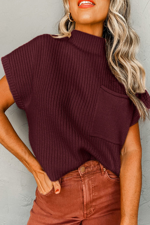 Pull femme en maille, poches, manches courtes, côtelé — rouge