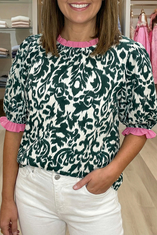 Blouse femme à volants, manches 3/4, colorblock — vert