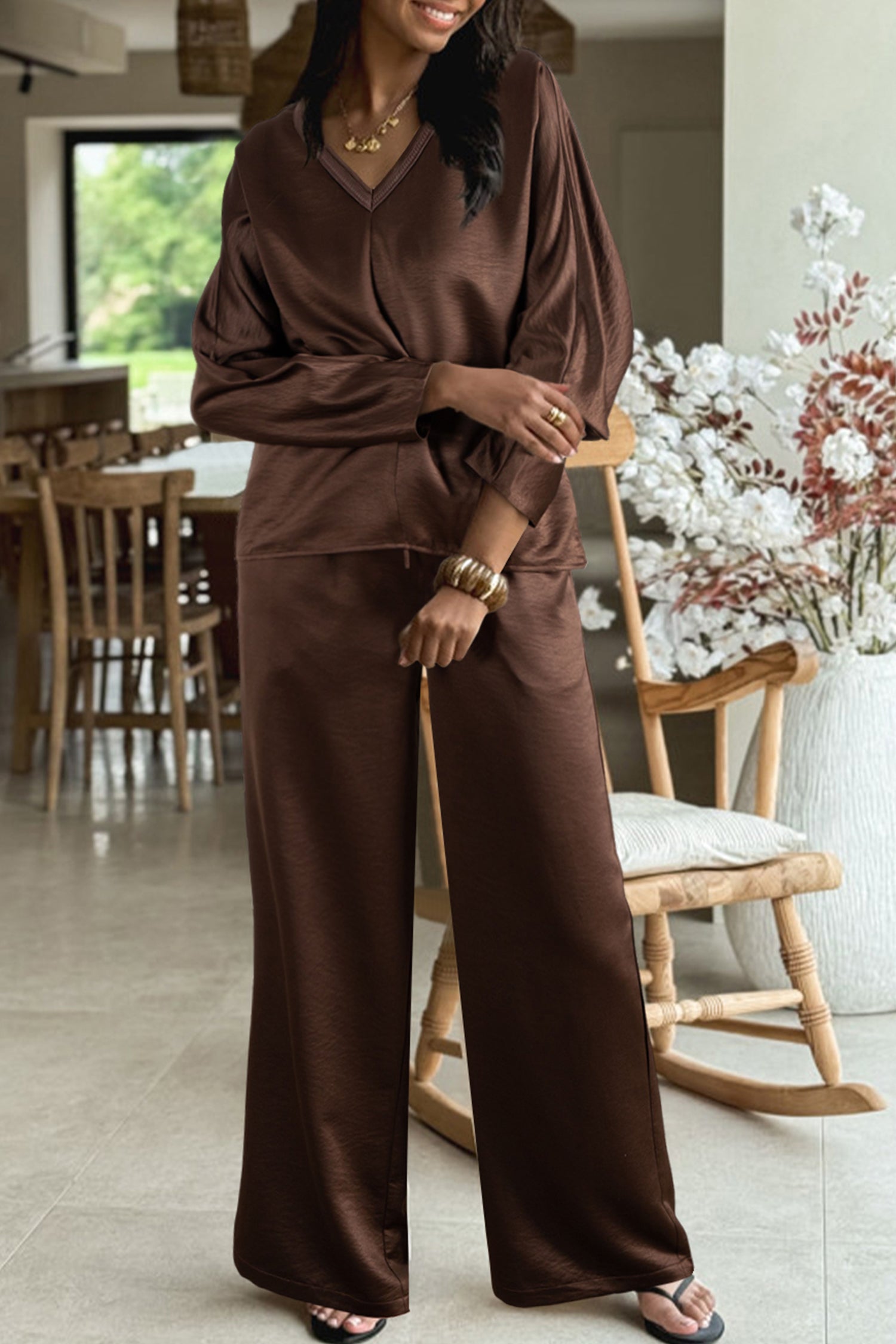 Ensemble femme à cordon, manches longues, col V, taille haute, ample — marron-P5017
