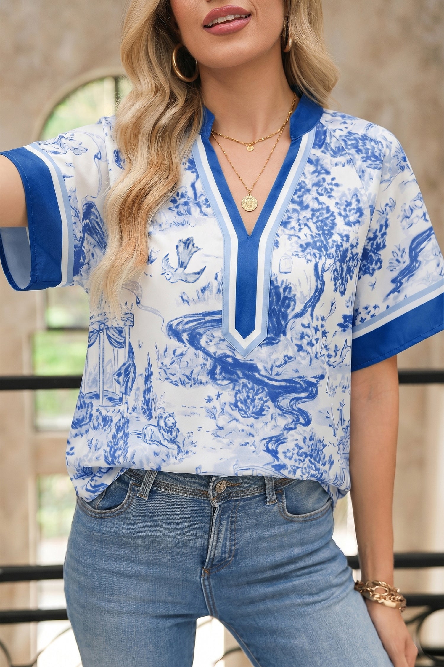 Blouse femme col V — bleu