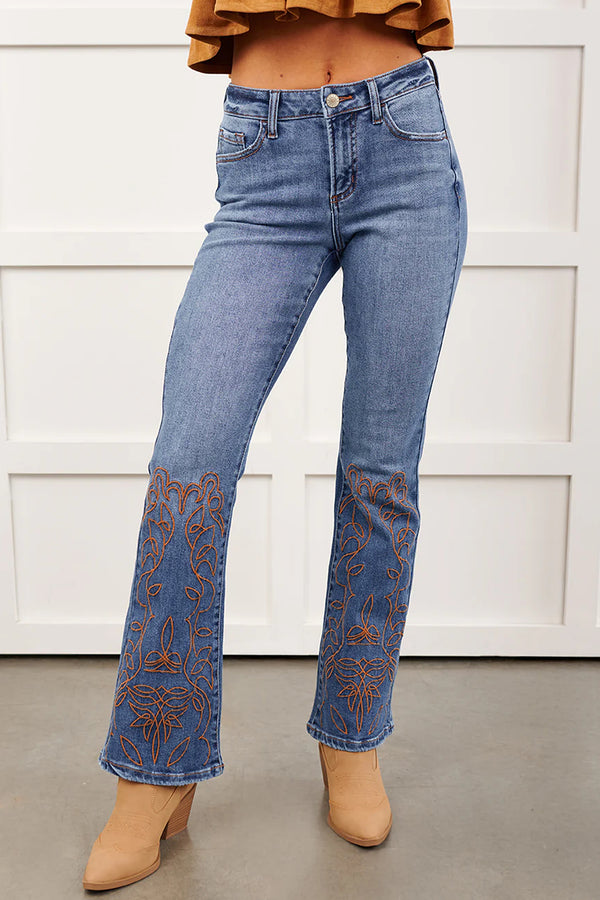 Jean femme brodé, jambe évasée — bleu